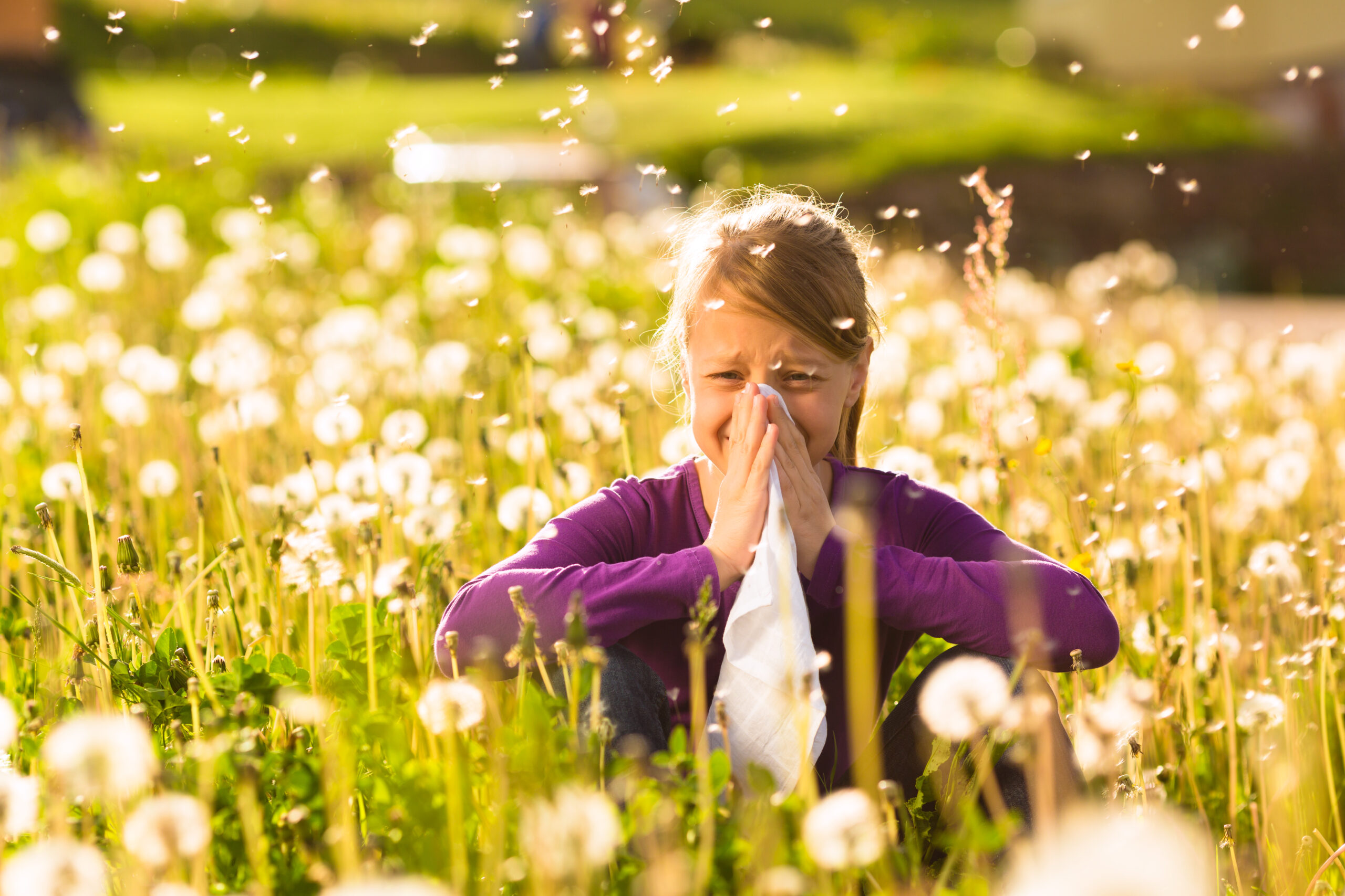 image girl sitting in flowers with allergy